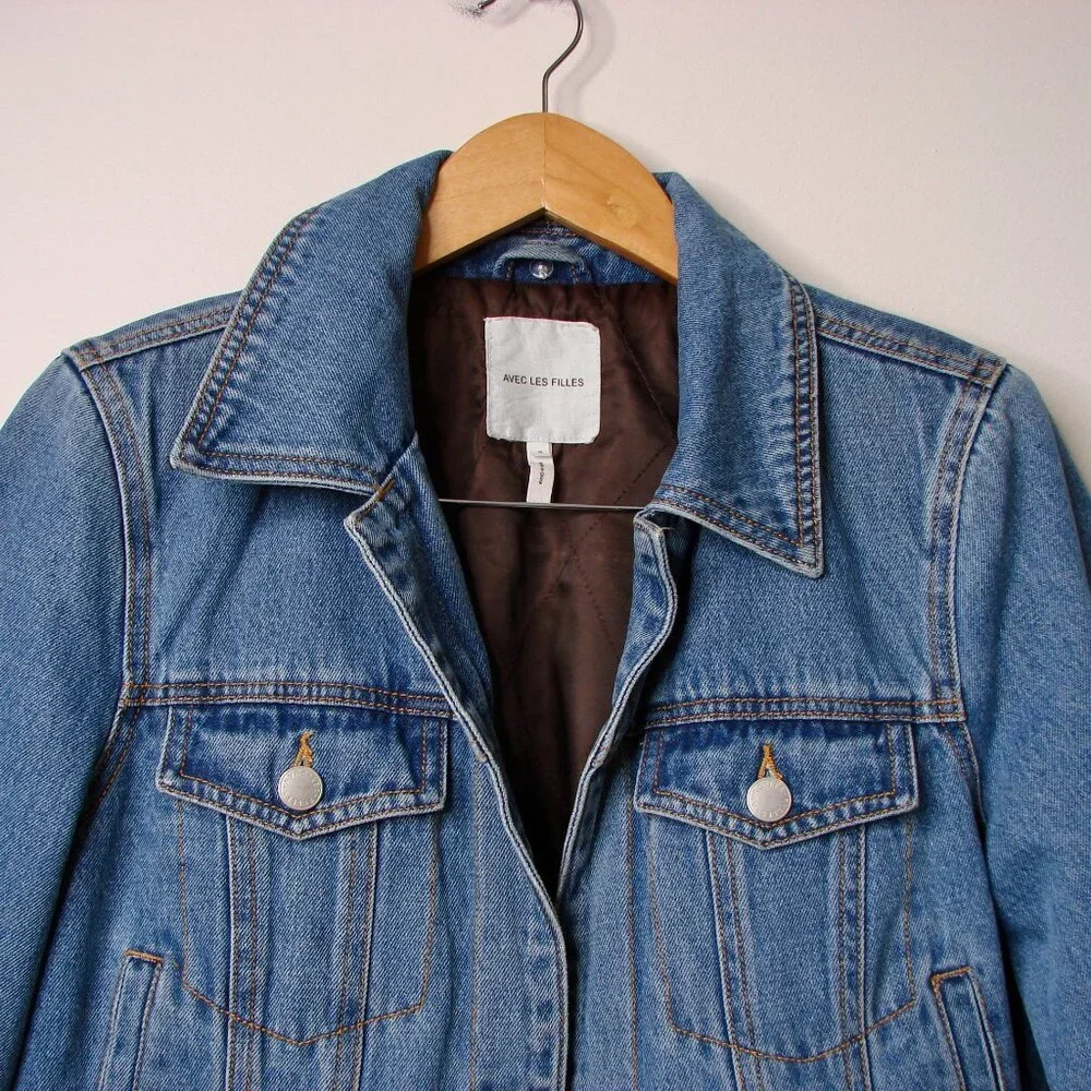 Anthropologie Avec Les Filles Denim Jean Jacket Faux Fur Trim Size Small NEW - Picture 3 of 15